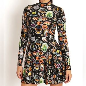 Blackmilk “TATTOWEEN BLACK LONG SLEEVE EVIL MINI SKATER DRESS” Size Medium M NWT